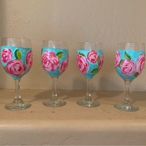 Hand Crafted Hand Painted Hot Pink Roses set of 4 Wine Glasses